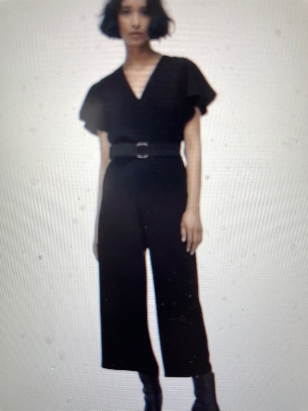 Zara Black V-Neck  ruffle sleeve Wide Leg cropped Jumpsuit with Belt- nwt